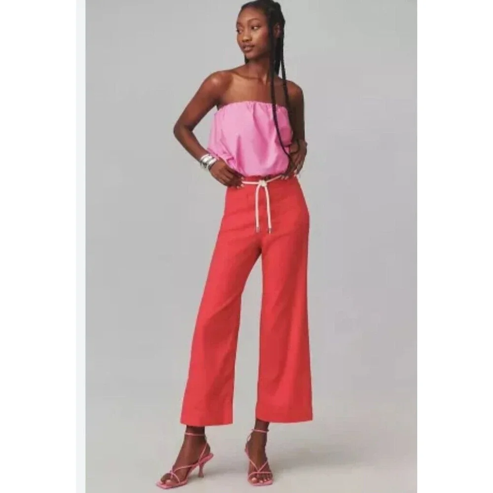 NWT Anthropologie The Colette Cropped Wide-Leg Linen Pants Sz 30 Raspberry 7F480